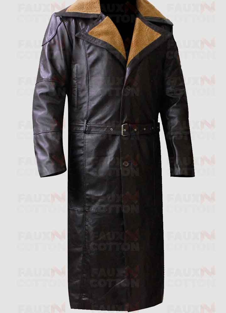 WW2 German Officer Fur Collar Trench Brown Leather Coat